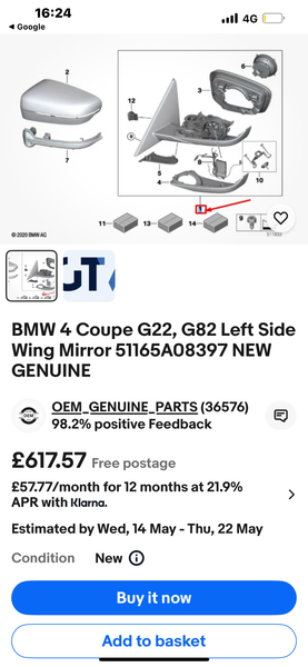 BMW 4 series 2024 Coupe G22, G82 passenger Side Wing Mirror
51165A08397
5A08397
GENUINE
bmw part 
bmw 4 series wing mirror 
baronessthebmlady
bmw g22
bmwg82