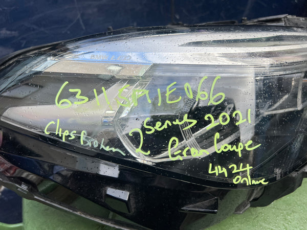 BMW 2 SERIES 2021 gran coupe  F44 DRIVERS SIDE LED HEAD LIGHT
  63115A1E066
BMW 2 series Gran coupe led headlight 
5A1E066
Bmw f44 led headlight 
clips broken 
hole on top/bottom of light 
please observe all pictures