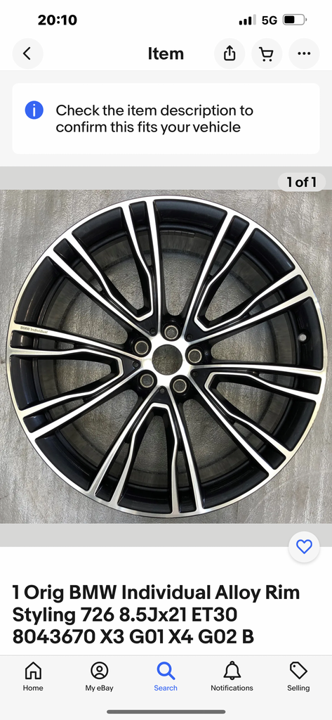 36108043670 BMW X4 2023 G02 1 single new Individual Alloy Rim Styling 726 8.5Jx21 ET30 8043670 Bmw X3 2023 G01 1 single Individual Alloy Rim Styling 726 8.5Jx21 ET30