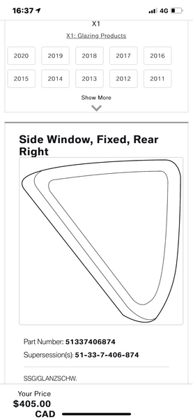 51337405874 BMW X1 Side window, fixed, rear right