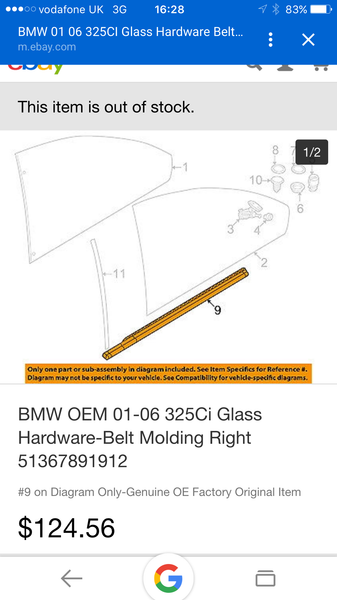 51367891912 BMW 3  2001 -2006 SERIES E46 QUATER GLASS OUTSIDE MOULDING