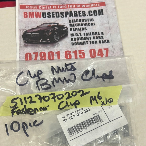 51127070202     BMW Body Chassis Fastener Clip Nut M6 x 1.00 mm Genuine  7070202